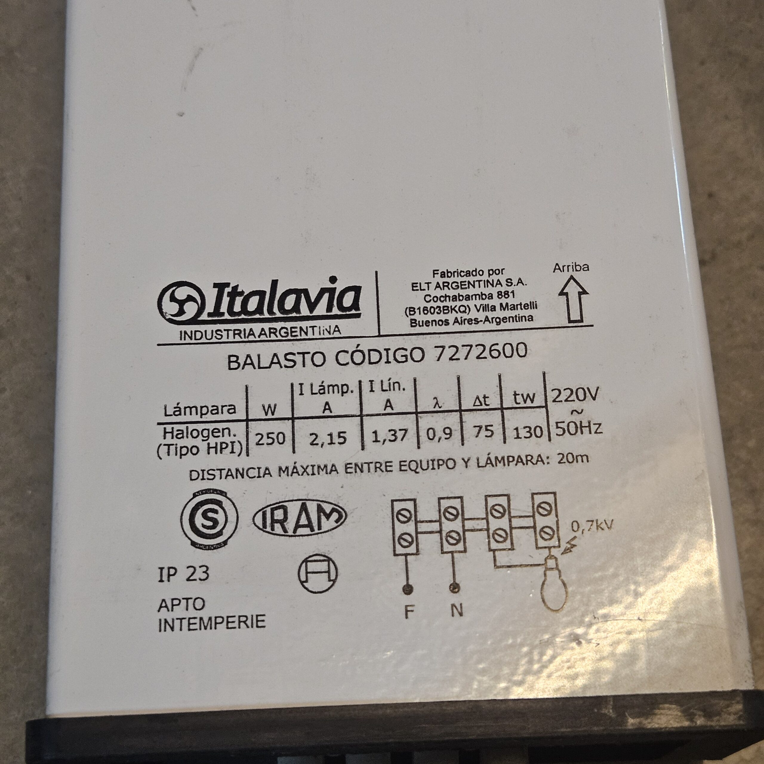 Balasto 250W Mercurio Halogenado (HPI) Intemperie Italavia - Imagen 2